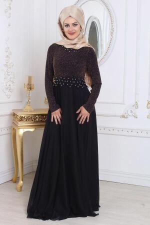 Tesettürlü Abiye Elbise - Simli Siyah Tesettür Abiye Elbise 79501S - 1