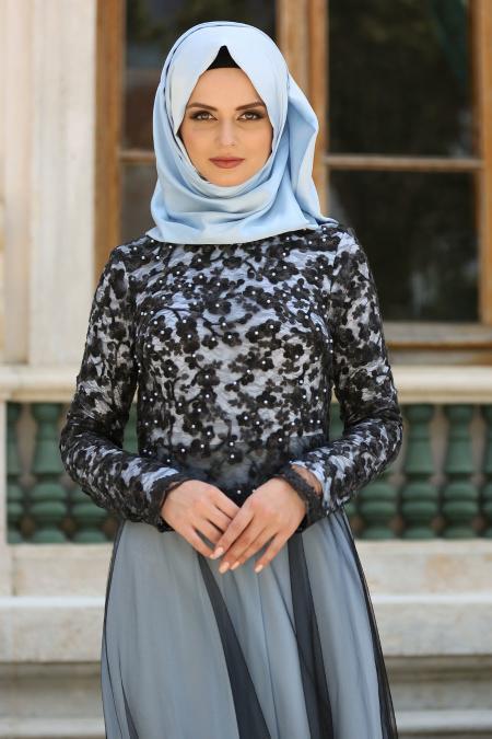 Tesettürlü Abiye Elbise - Siyah Dantelli Bebek Mavisi Tesettür Abiye Elbise 7727BM - 2
