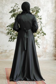 Tesettürlü Abiye Elbise - Siyah Saten Tesettür Abiye Elbise 38031S - Thumbnail