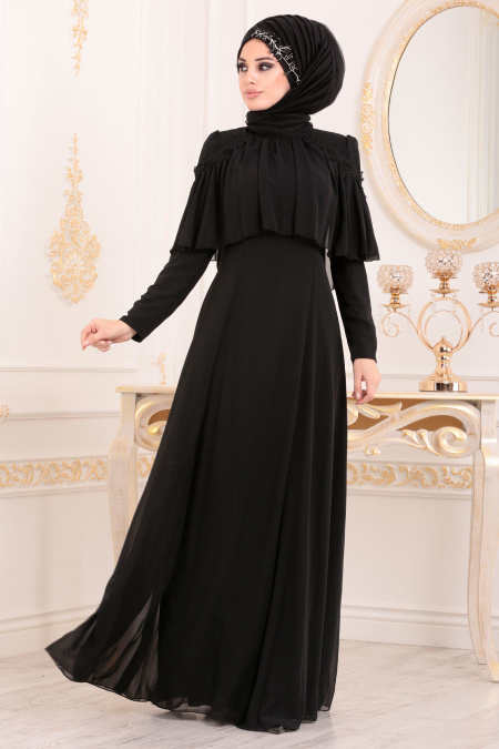 Tesettürlü Abiye Elbise - Siyah Tesettür Abiye Elbise 37570S
