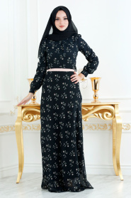 Nayla Collection - Çiçek Desenl Siyah Tesettür Elbise 815209S - Thumbnail
