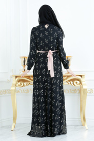 Nayla Collection - Çiçek Desenl Siyah Tesettür Elbise 815209S - Thumbnail