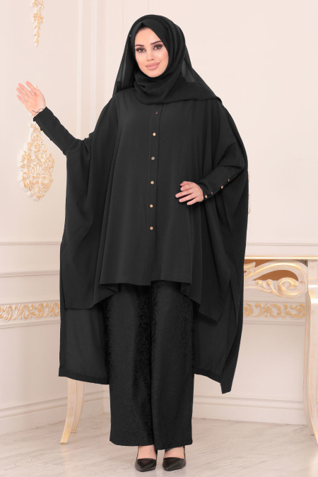 Tesettürlü Abiye Elbise - Tunik & Pantolon Siyah Tesettür Abiye Takım 3754S