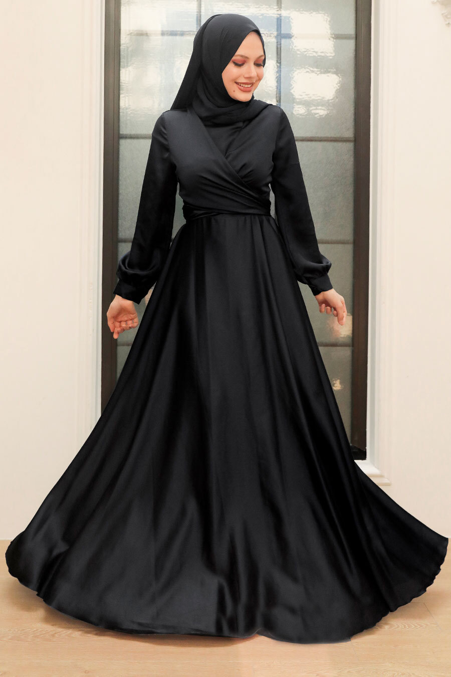 Tesettürlü Abiye Elbise - Siyah Tesettür Saten Abiye Elbise 33871S