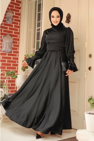 Tesettürlü Abiye Elbise - Siyah Tesettür Saten Abiye Elbise 5983S - Thumbnail