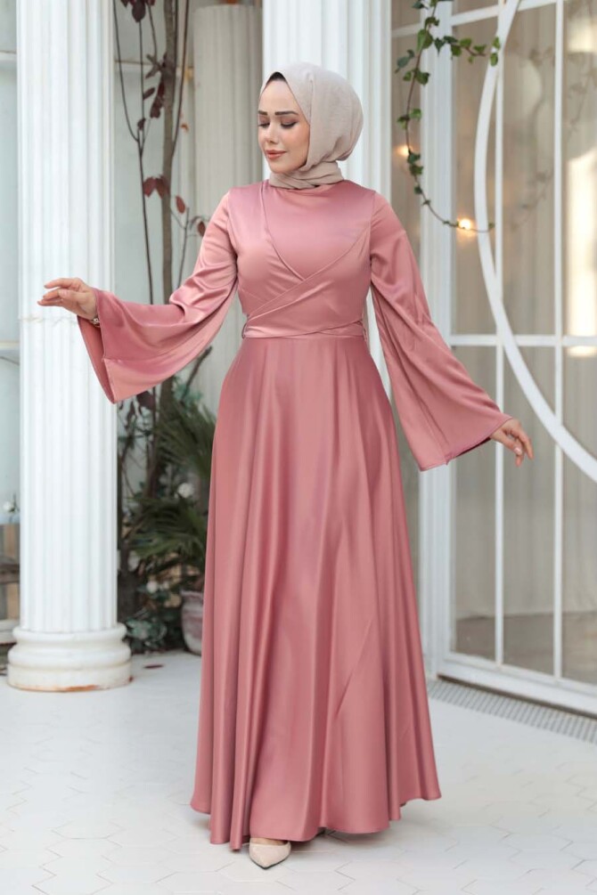 Tesettürlü Abiye Elbise - Somon Saten Tesettür Abiye Elbise 6157SMN - 3