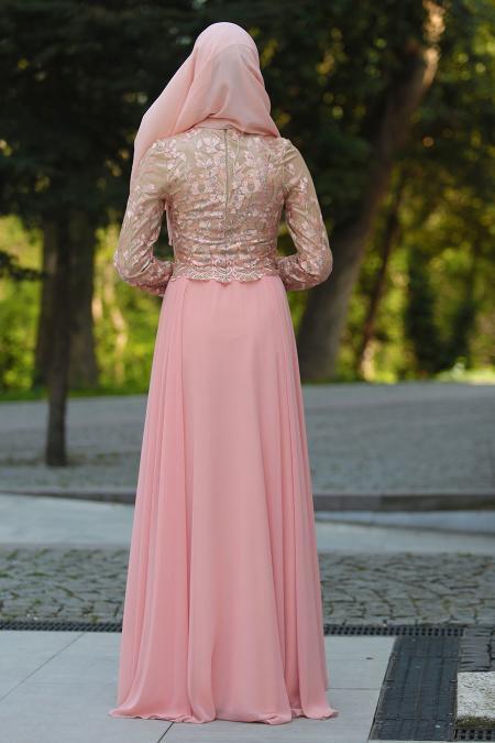 Tesettürlü Abiye Elbise - Somon Tesettür Abiye Elbise 7565SMN - 3