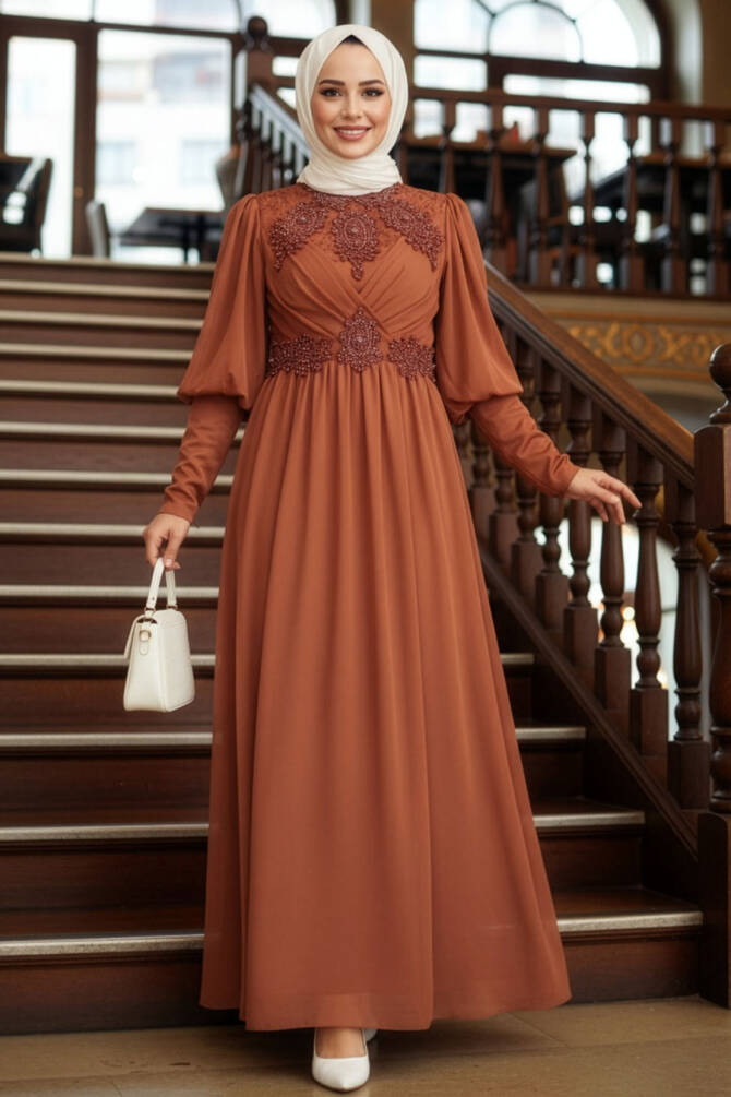 Tesettürlü Abiye Elbise - Taba Satin Vêtements Islamiques Robe de Soirée 25822TB - TESETTÜRLÜ ABİYE ELBİSELER