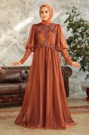 Tesettürlü Abiye Elbise - Taba Satin Vêtements Islamiques Robe de Soirée 25822TB - Thumbnail