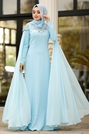 Tesettürlü Abiye Elbise - Taş Detaylı Bebek Mavisi Tesettür Abiye Elbise 20250BM - Thumbnail
