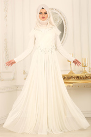 Tesettürlü Abiye Elbise - Taş Detaylı Beyaz Tesettür Abiye Elbise 115B - Thumbnail
