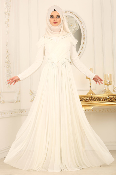 Tesettürlü Abiye Elbise - Taş Detaylı Beyaz Tesettür Abiye Elbise 115B