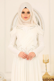 Tesettürlü Abiye Elbise - Taş Detaylı Beyaz Tesettür Abiye Elbise 115B - Thumbnail