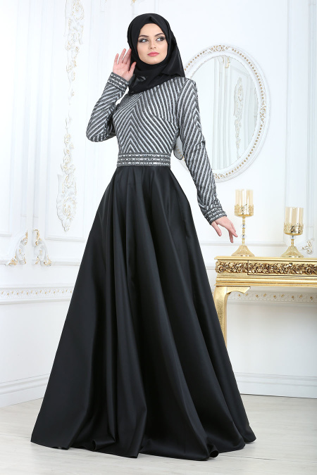 Tesettürlü Abiye Elbise - Taş Detaylı Black Tesettür Abiye Elbise 4387S