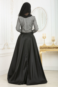 Tesettürlü Abiye Elbise - Taş Detaylı Black Tesettür Abiye Elbise 4387S - Thumbnail