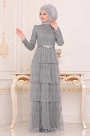 Tesettürlü Abiye Elbise - Taş Detaylı Gri Tesettür Abiye Elbise 39680GR - Thumbnail