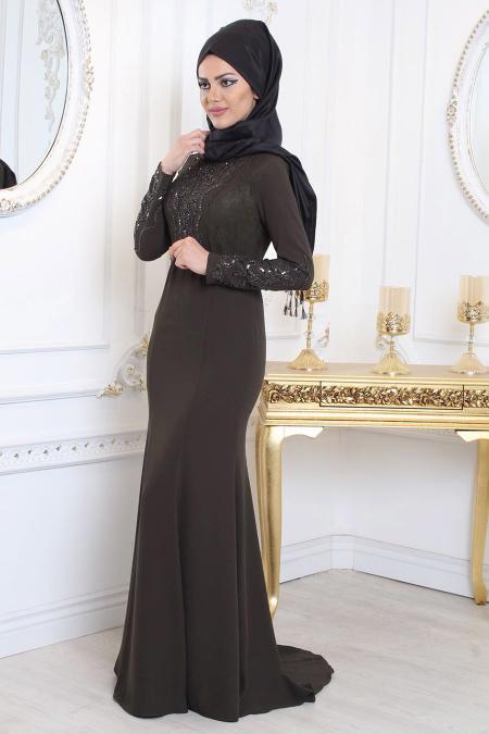 Tesettürlü Abiye Elbise - Taş Detaylı Haki Tesettür Abiye Elbise 7956HK - 2