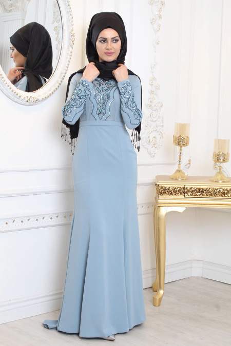 Tesettürlü Abiye Elbise - Taş Detaylı Mavi Tesettür Abiye Elbise 7956M