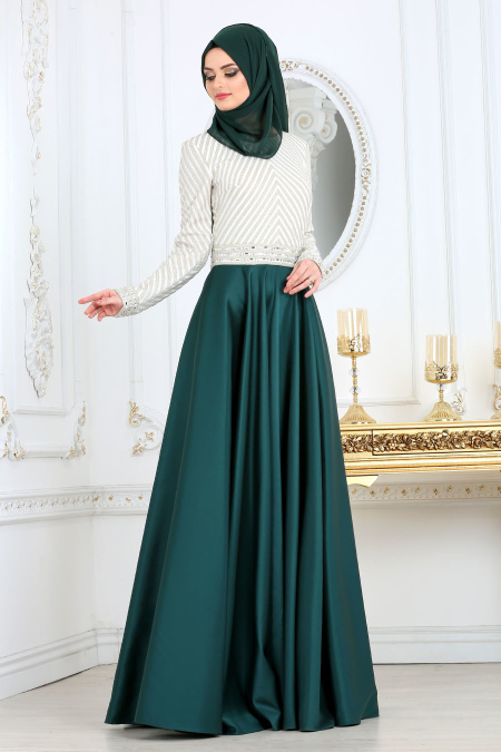 Tesettürlü Abiye Elbise - Taş Detaylı Yeşil Tesettür Abiye Elbise 4387Y