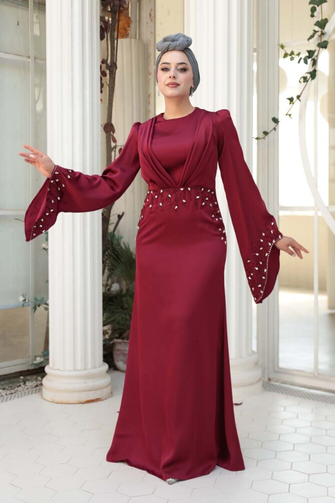Tesettürlü Abiye Elbise - Taş İşlemeli Bordo Tesettür Saten Abiye Elbise 5337BR - 3