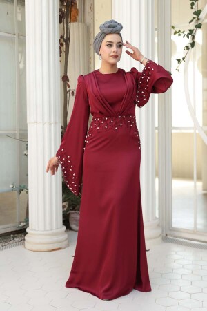 Tesettürlü Abiye Elbise - Taş İşlemeli Bordo Tesettür Saten Abiye Elbise 5337BR - 2