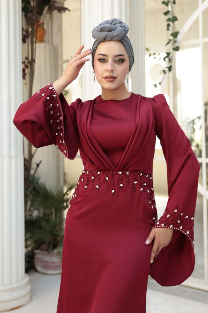 Tesettürlü Abiye Elbise - Taş İşlemeli Bordo Tesettür Saten Abiye Elbise 5337BR - 5