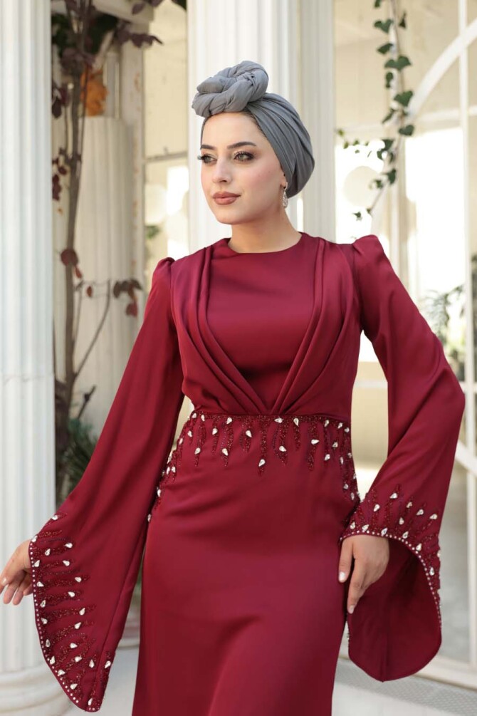 Tesettürlü Abiye Elbise - Taş İşlemeli Bordo Tesettür Saten Abiye Elbise 5337BR - 6