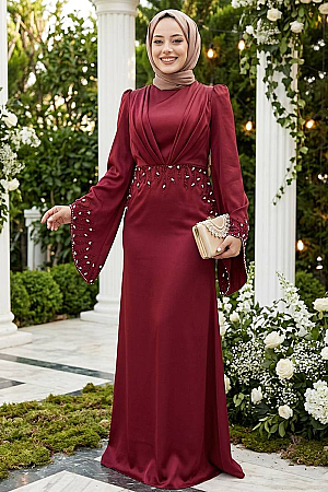 Tesettürlü Abiye Elbise - Taş İşlemeli Bordo Tesettür Saten Abiye Elbise 5337BR 