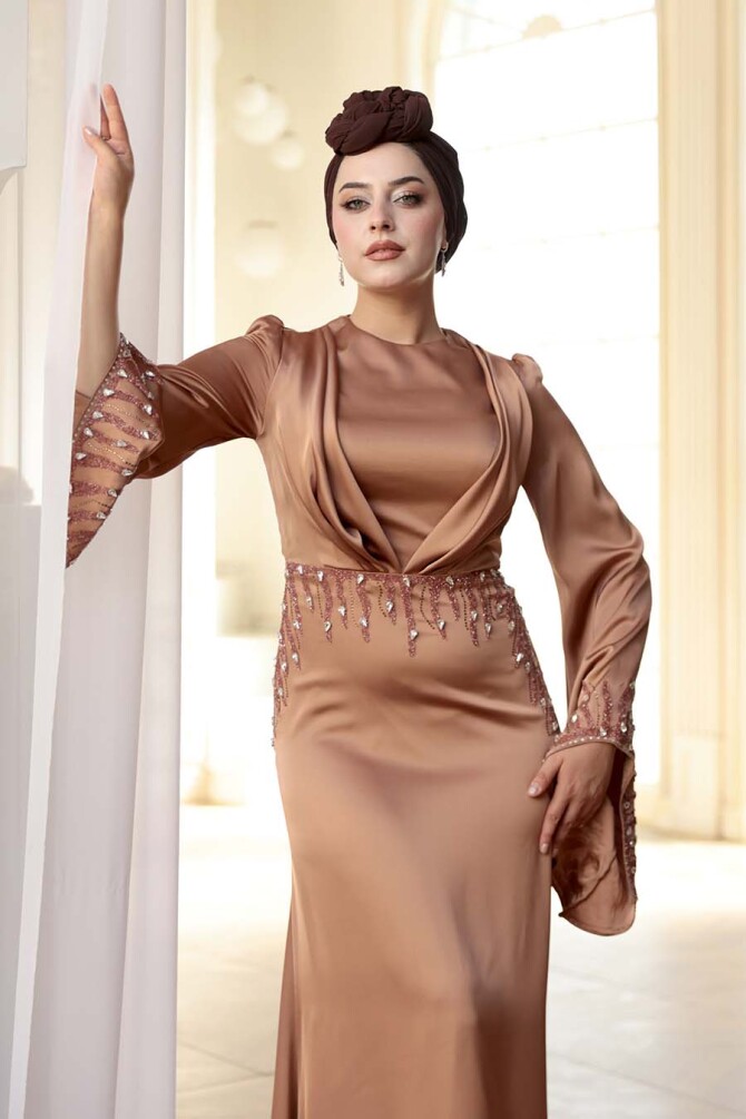 Tesettürlü Abiye Elbise - Taş İşlemeli Camel Tesettür Saten Abiye Elbise 5337C - 4