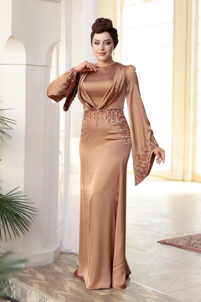 Tesettürlü Abiye Elbise - Taş İşlemeli Camel Tesettür Saten Abiye Elbise 5337C - 2
