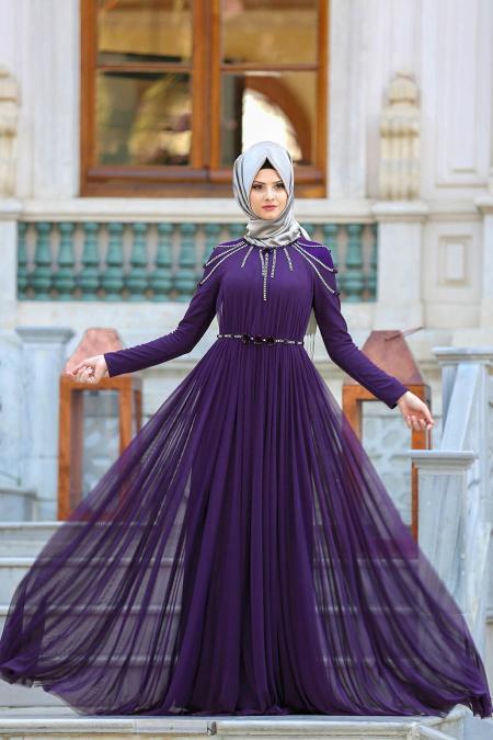 Tesettürlü Abiye Elbise - Taşlı Mor Tesettür Abiye Elbise 102MOR - 2