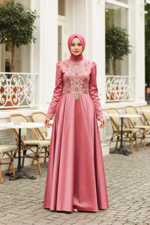 Tesettürlü Abiye Elbise - Terra Cotta Hijab Evening Dress 2308KRMT - TESETTÜRLÜ ABİYE ELBİSELER