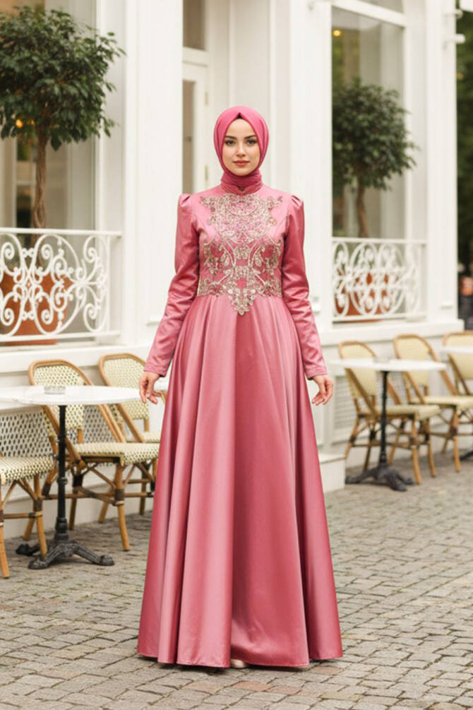 Tesettürlü Abiye Elbise - Terra Cotta Hijab Evening Dress 2308KRMT - 1