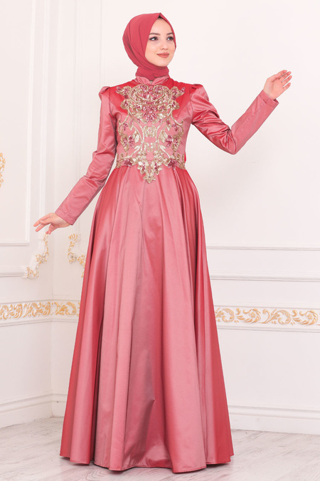 Tesettürlü Abiye Elbise - Terra Cotta Hijab Evening Dress 2308KRMT