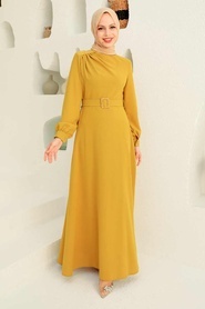 Tesettürlü Abiye Elbise - Tokalı Kemerli Asidik Sarı Tesettür Abiye Elbise 3295AS - Thumbnail