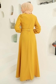 Tesettürlü Abiye Elbise - Tokalı Kemerli Asidik Sarı Tesettür Abiye Elbise 3295AS - Thumbnail