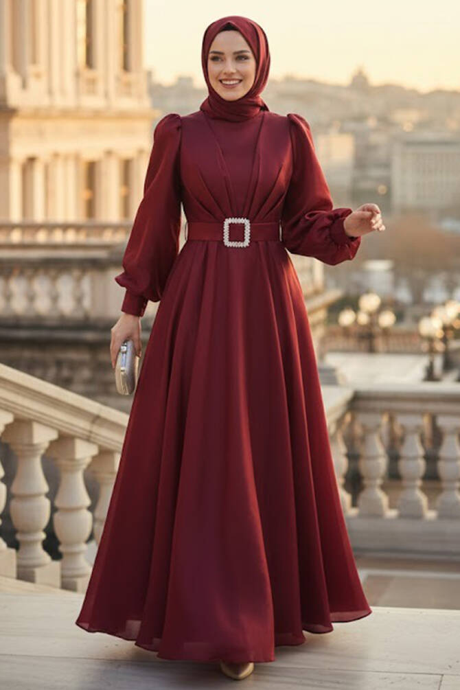 Tesettürlü Abiye Elbise - Tokalı Kemerli Bordo Tesettür Abiye Elbise 45295BR - 1