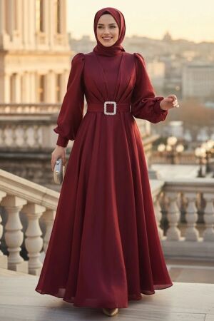 Tesettürlü Abiye Elbise - Tokalı Kemerli Bordo Tesettür Abiye Elbise 45295BR - 1