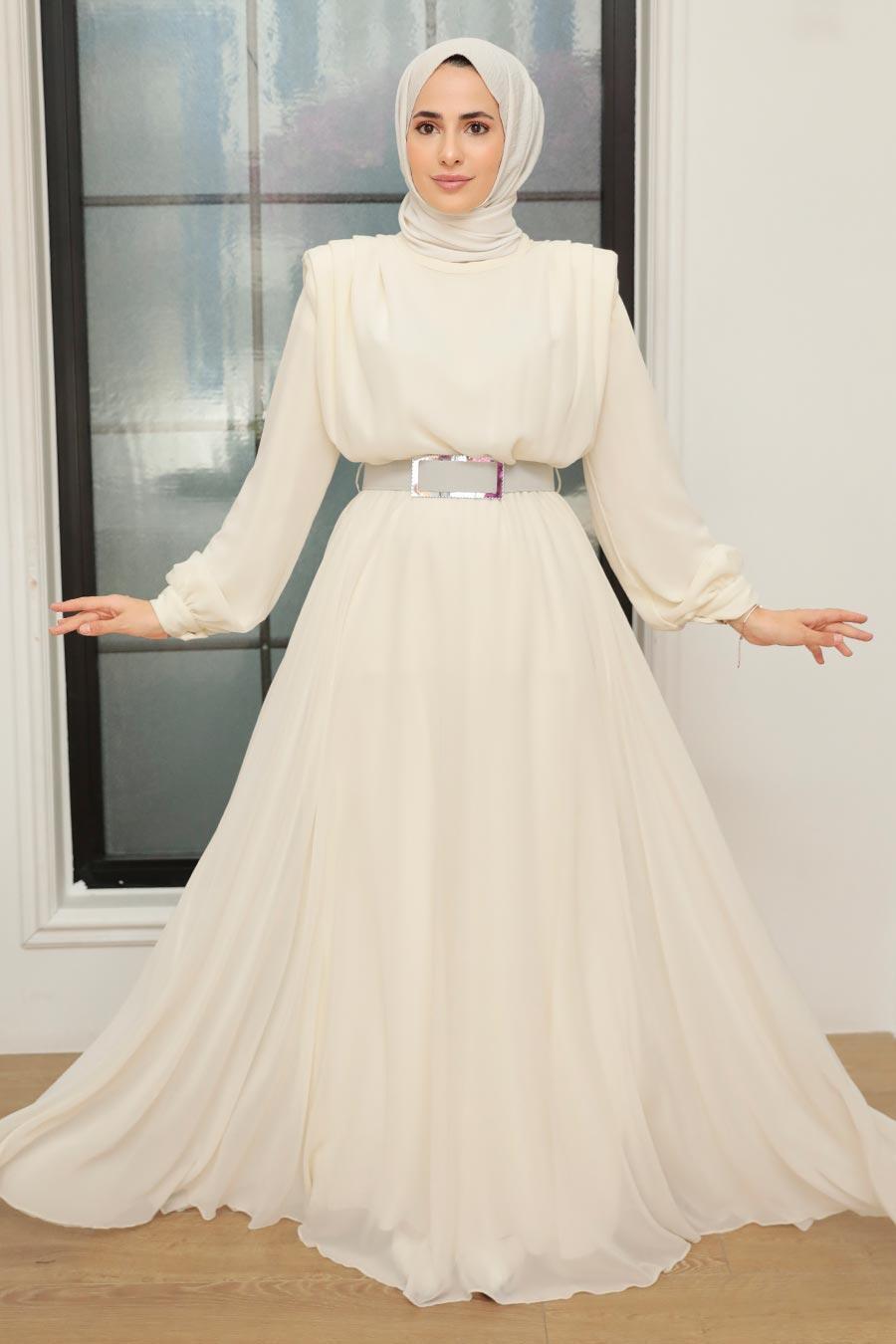 Tesettürlü Abiye Elbise - Tokalı Kemerli Ekru Tesettür Abiye Elbise 36050E