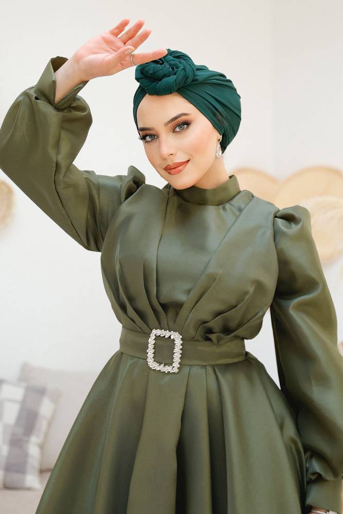 Tesettürlü Abiye Elbise - Tokalı Kemerli Haki Tesettür Abiye Elbise 45295HK - 4