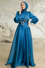 Tesettürlü Abiye Elbise - Tokalı Kemerli İndigo Mavisi Tesettür Abiye Elbise 36831IM - Thumbnail
