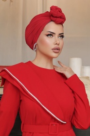 Tesettürlü Abiye Elbise - Tokalı Kemerli Kırmızı Tesettür Abiye Elbise 664K - Thumbnail