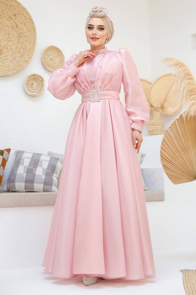 Tesettürlü Abiye Elbise - Tokalı Kemerli Pembe Tesettür Abiye Elbise 45295P - 2
