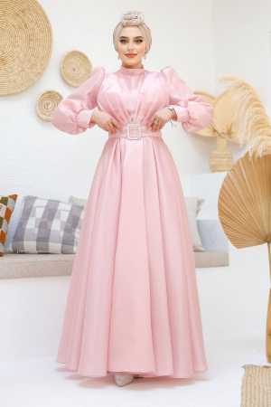 Tesettürlü Abiye Elbise - Tokalı Kemerli Pembe Tesettür Abiye Elbise 45295P - 3