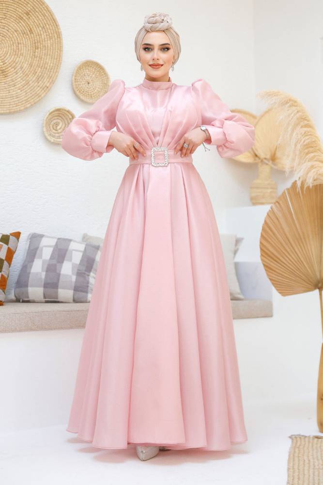 Tesettürlü Abiye Elbise - Tokalı Kemerli Pembe Tesettür Abiye Elbise 45295P - 3