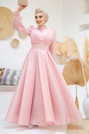 Tesettürlü Abiye Elbise - Tokalı Kemerli Pembe Tesettür Abiye Elbise 45295P - 4