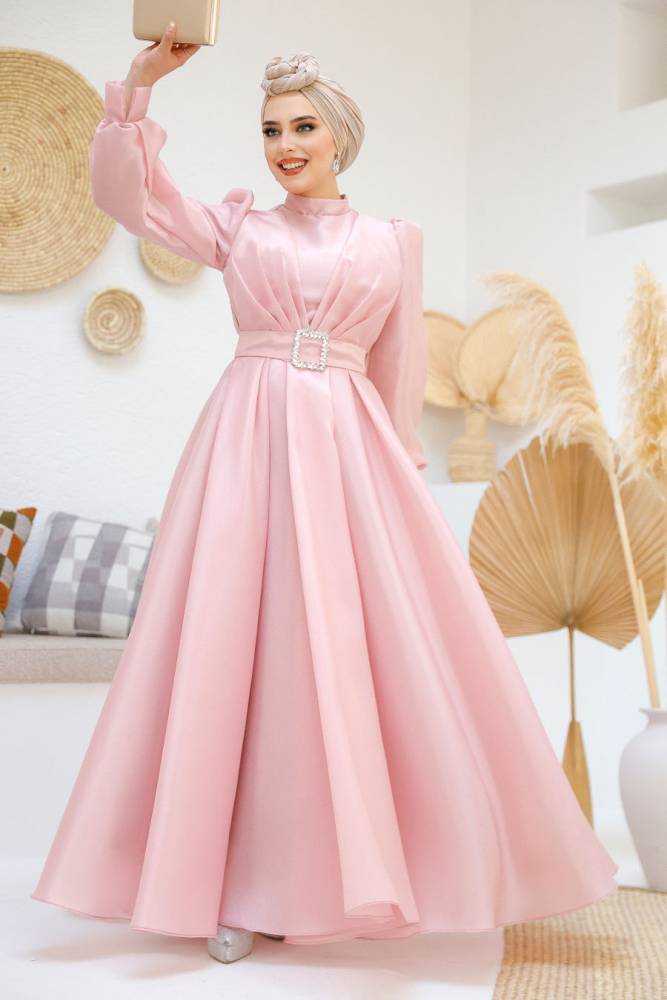 Tesettürlü Abiye Elbise - Tokalı Kemerli Pembe Tesettür Abiye Elbise 45295P - 4