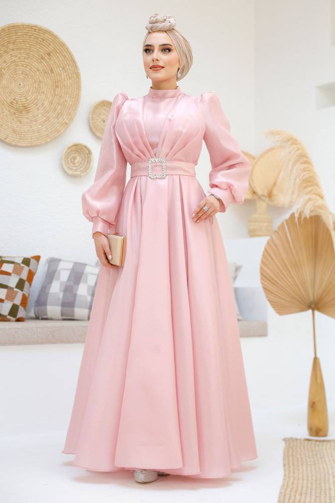 Tesettürlü Abiye Elbise - Tokalı Kemerli Pembe Tesettür Abiye Elbise 45295P - 1