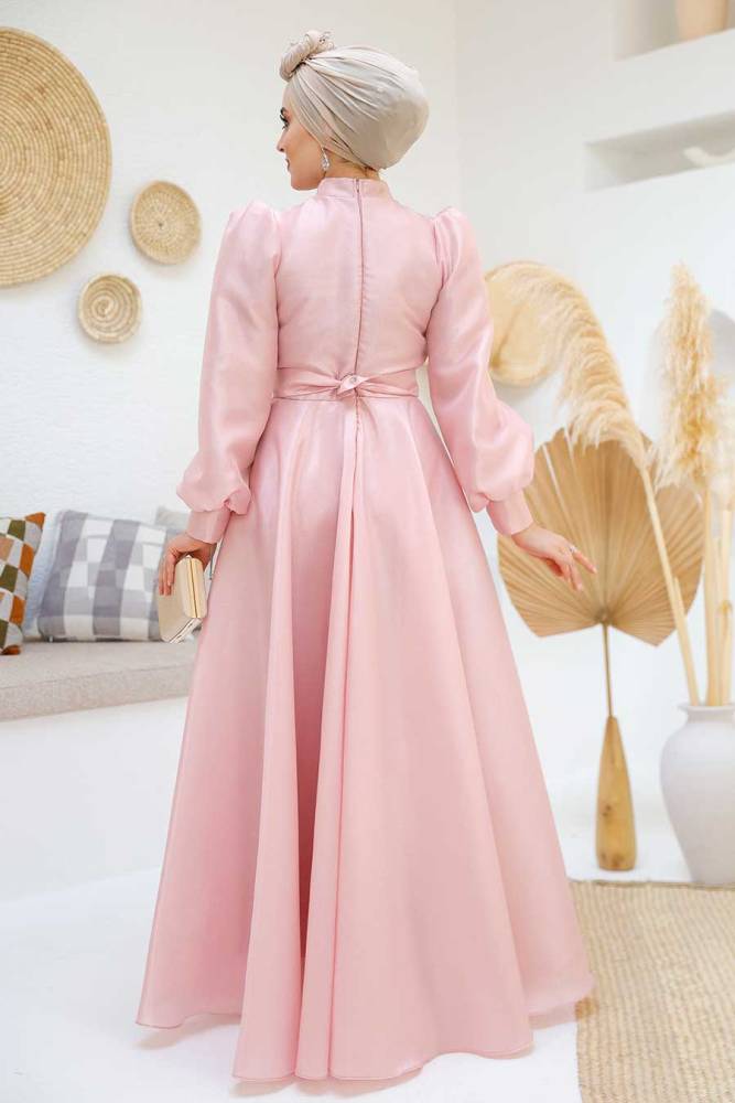 Tesettürlü Abiye Elbise - Tokalı Kemerli Pembe Tesettür Abiye Elbise 45295P - 7