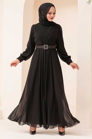 Tesettürlü Abiye Elbise - Tokalı Kemerli Siyah Tesettür Abiye Elbise 3060S - Thumbnail